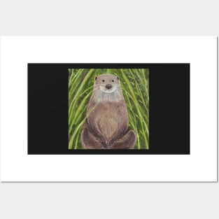 Peaceful Otter sitting in the grass colored pencil illustration Posters and Art